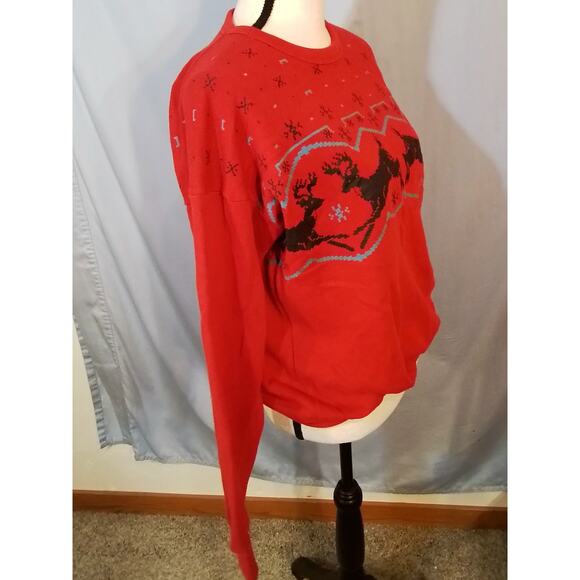 Tultex; Red winter Christmas sweatshirt with deer / Carbo - Picture 2 of 7